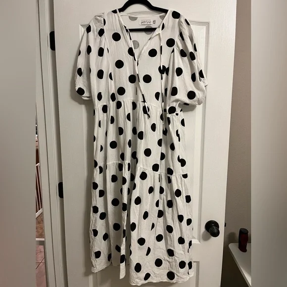 Petal & Pup Midi Tiered Skirt Flowy Polka Dot Puff Sleeve Tie Neck Tarnie Dress - Picture 3 of 11